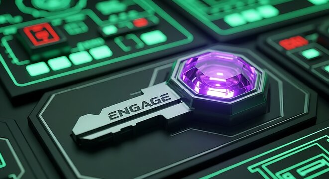 Futuristic key with the word engage glowing with purple light concept for business solutions and technology