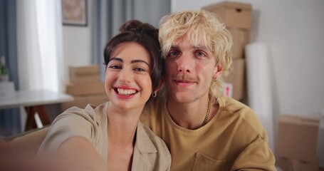 New home, selfie and face of couple with peace sign excited for moving in, property or purchase. Homeowner, marriage and pov portrait of man and woman for memory, social media or online post in house - Powered by Adobe