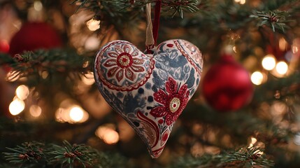 Festive gold and red ornaments decorate a green Christmas pine branch for the winter holiday season celebration