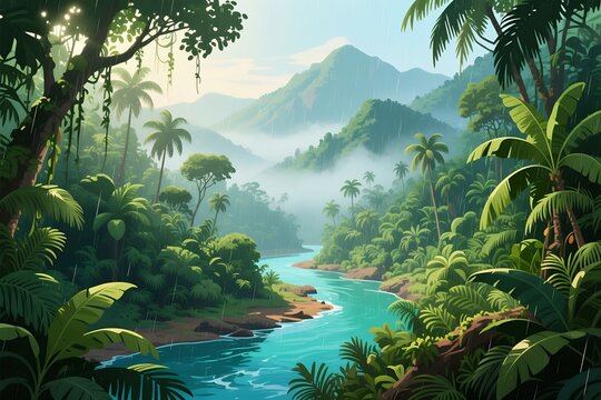 Lush tropical rainforest landscape with winding river and misty mountains under bright sky - Powered by Adobe