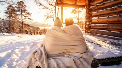 Couple in blanket watching winter sunset from log cabin porch, snowy landscape