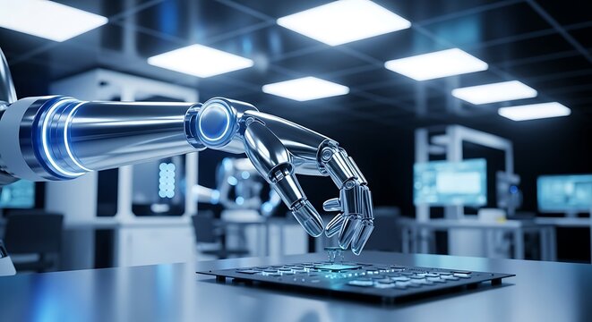 Robotic arm precisely manipulating a circuit board advanced technology in a modern laboratory illustrating automation and precision engineering
