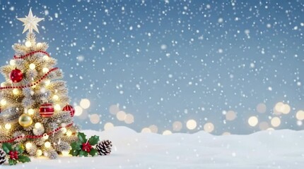 Christmas background. Xmas tree with snow decorated with garland lights, holiday festive background. Widescreen frame backdrop. New year Winter art design, Christmas scene wide screen holiday border - Powered by Adobe