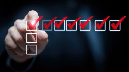 Human finger interacts with glowing digital checklist displaying multiple successful completions