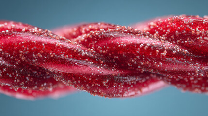 A close up of a red twisted candy covered with sugar granules against a blue background