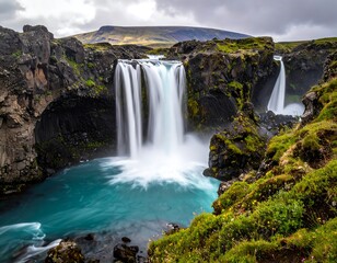 Obraz premium Serene waterfall cascades into turquoise pool within rocky landscape