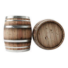 Fototapeta premium Two wooden wine barrels, one standing and one on its side isolated on transparent background