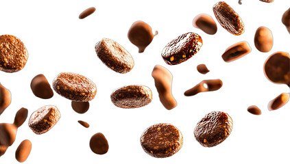 Obraz premium Numerous textured brown particles, some smooth, suspended against a black void