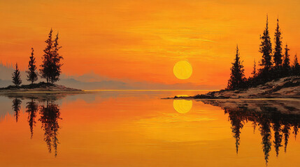 Sunset over a calm lake with trees and reflections in an orange sky hue.