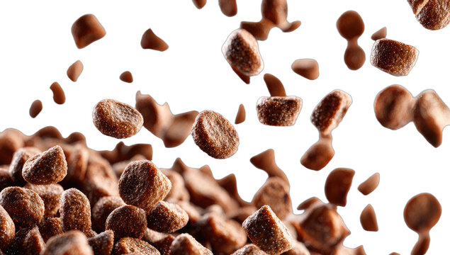 Close-up of many brown granulated particles, some falling, some settled on black