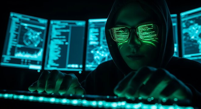 Hacker typing on a keyboard with code reflected in glasses cyber security concept digital crime and data breach