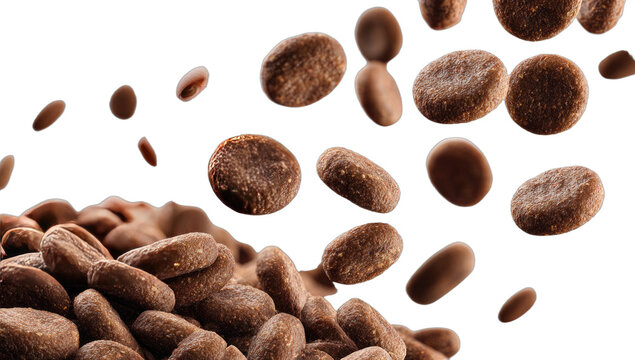 Close-up of brown, crunchy food pellets falling into a large pile against a dark background