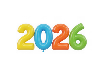 Colorful balloon numbers forming year 2026 isolated on transparent background