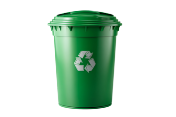 Bright green recycling bin with universal recycling symbol on a black background