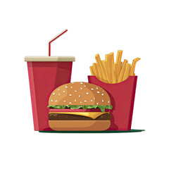 Cartoon fast food meal combo hamburger, golden fries, and a red beverage cup