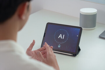 Technology and Lifestyle: User exploring AI features on tablet