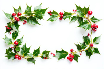Fototapeta premium Fresh green holly leaves with bright red berries in white background