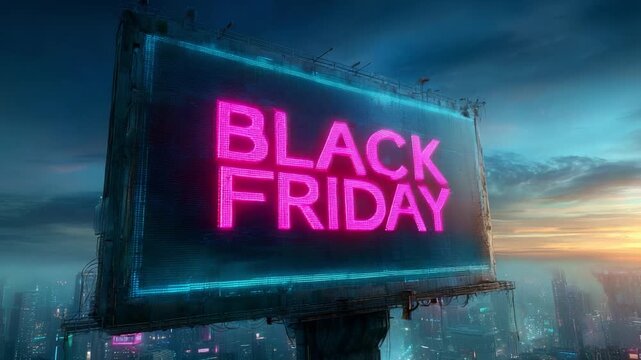 A striking illuminated billboard showcases the vibrant announcement of a major shopping event with a modern city skyline backdrop, capturing the essence of consumer excitement and urban life.