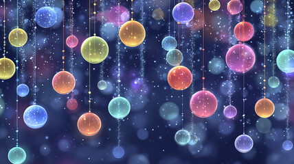 Colorful gradient baubles floating on sparkling night sky