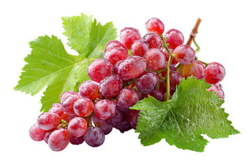 Fresh ripe red grapes with green leaves on a black background
