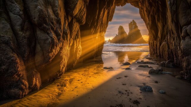 Dramatic sun rays illuminate a sandy sea cave opening revealing offshore rock formations at sunset