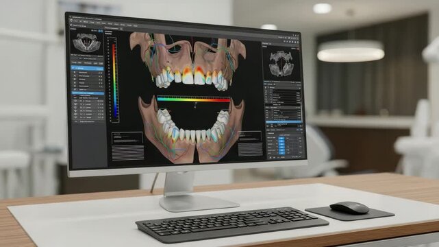 Advanced dental 3D scan analysis on computer screen showing jawbone teeth nerves and blood