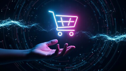 Online shopping cart hovering over hand, concept of e-commerce solutions.