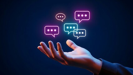Hand holding illuminated neon message icons, communication concept.