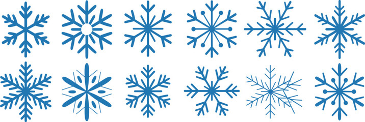 Snowflake icon set, twelve stylized blue winter symbols for seasonal, holiday, decorative, and cold weather design themes