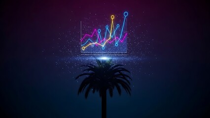 Neon finance chart over palm tree silhouette on purple and blue background.