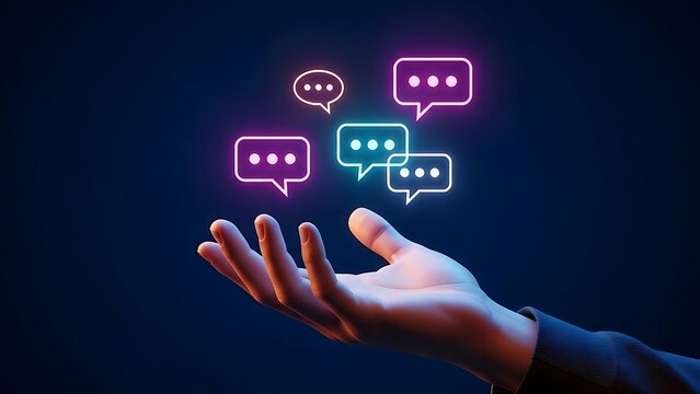 Hand holding illuminated neon message icons, communication concept.