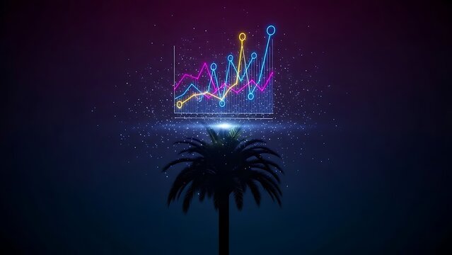 Neon finance chart over palm tree silhouette on purple and blue background. - Powered by Adobe