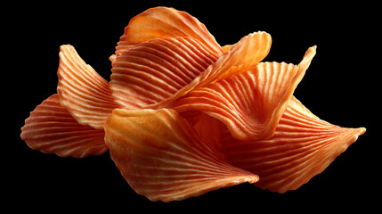 A close up of a stack of wavy orange potato chips against a solid black background in studio light