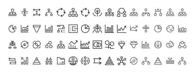 Diagrams charts and infographics line icons. Organizational hierarchy mind map and data analysis symbols