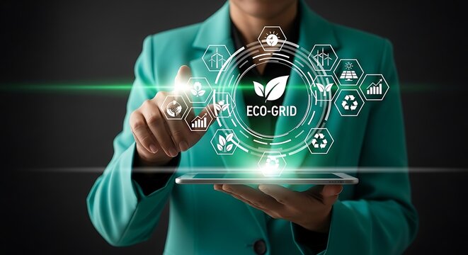 Woman interacting with a digital eco-grid interface showcasing sustainable technology and environmental solutions for business presentations and innovative concepts - Powered by Adobe