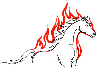 Fiery Horse Line Art Illustration with Red Flames - Dynamic Graphic Design Element