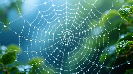 intricate spider web with delicate water droplets shining against lush green foliage background