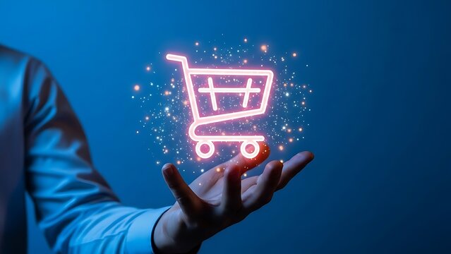 Hand holding glowing shopping cart icon concept. online shopping.
