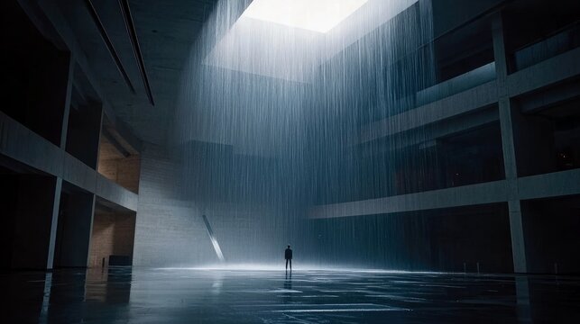 A lone man stands in a large, modern building as rain pours from a skylight, creating a dramatic and atmospheric scene with moody lighting.