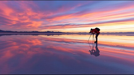 Photographer Capturing Sunset Reflection on Salt Flat with Vibrant Sky and Mountain Range - Powered by Adobe