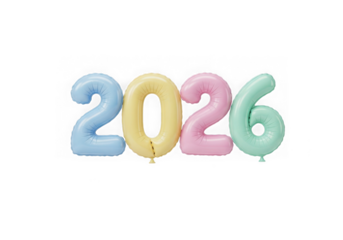Pastel balloon numbers forming 2026 isolated on transparent background