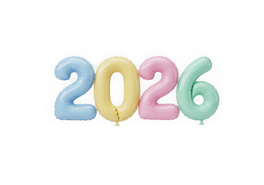 Pastel balloon numbers forming 2026 isolated on transparent background
