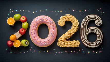 Happy new year 2026 made out of donut spaghetti and fruit on dark background