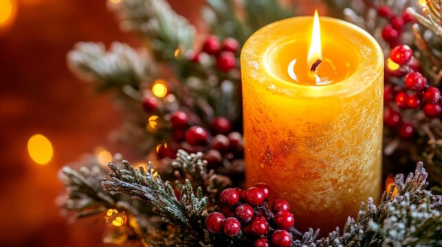 A lit candle surrounded by a festive wreath with red berries and frosted pine branches, illuminated by warm, cozy lighting.