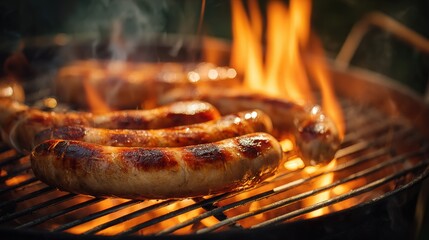 Sausages cook over intense flames on a metal grill grate outdoors