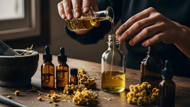 A close-up of a person's hands carefully pouring natural yellow oil from a small glass vial into a dropper bottle, surrounded by dried yellow medicinal herbs, a mortar and pestle.