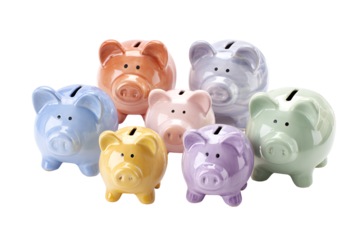 Collection of colorful ceramic piggy banks on black background