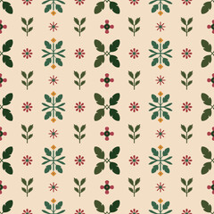 Scandinavian Folk Art Floral Seamless Vector Pattern Red Green