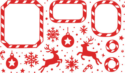 Red Christmas Frames with Ornaments and Reindeer Decorations Collection Isolated on Transparent Background Vector Illustration
