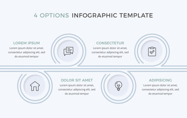 Infographic template with four circular elements connected by thin curved lines, four options or steps in a horizontal flow